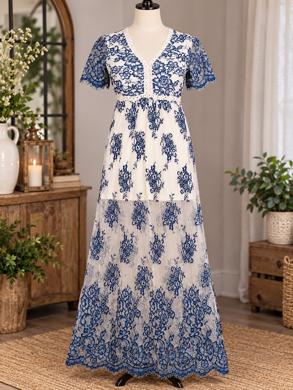 Peach Love California White and Blue Lace Maxi Dress - Elegant V-Neck